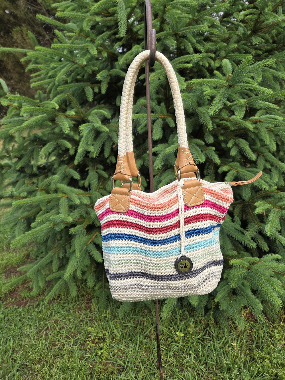 The Sak Multicolor Striped Crochet Bag with Tan Leather Trim